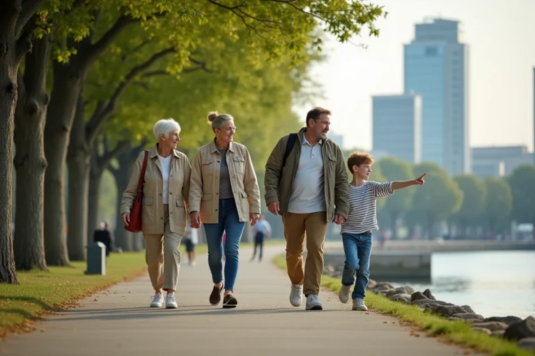 Famille multigénérationnelle se promenant le long des bords de Seine à Puteaux lors d'une sortie en famille