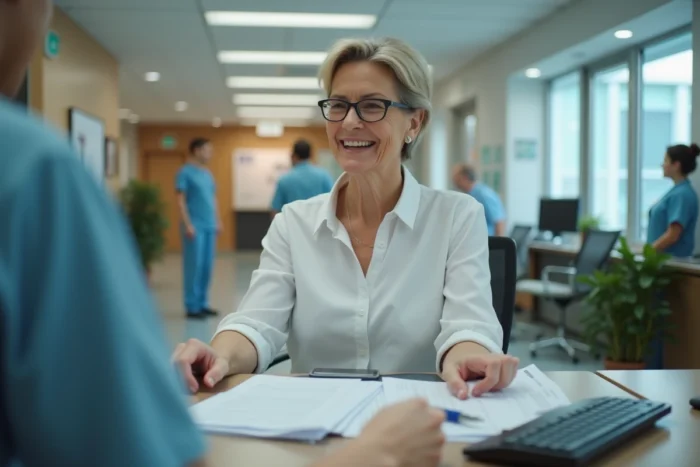 Agente administrative d'hôpital à l'accueil gérant des dossiers patients et un ordinateur, représentant les métiers administratifs essentiels en milieu hospitalier