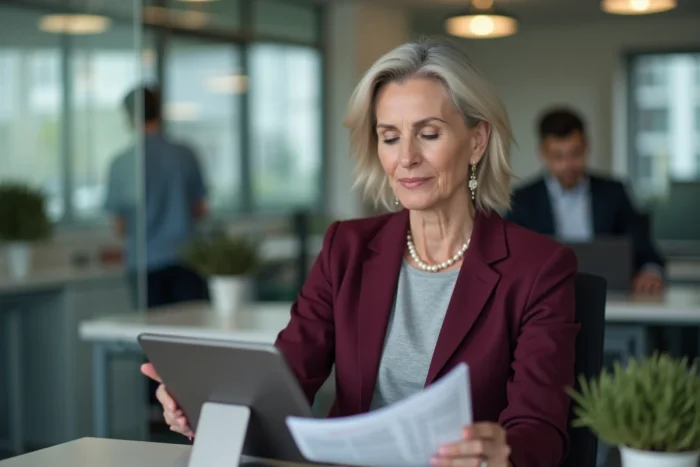 Administratrice scolaire consultant un guide de connexion iProf Versailles sur une tablette dans un bureau administratif