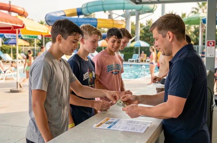 Adolescents achetant leurs billets au guichet de la piscine de la base de loisirs Le Quesnoy