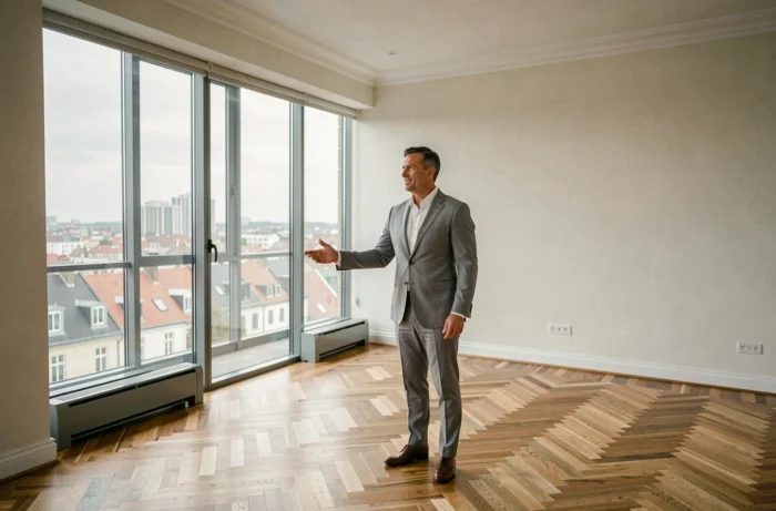 Agent immobilier présentant un appartement haut de gamme avec vue panoramique sur la ville à un potentiel acheteur