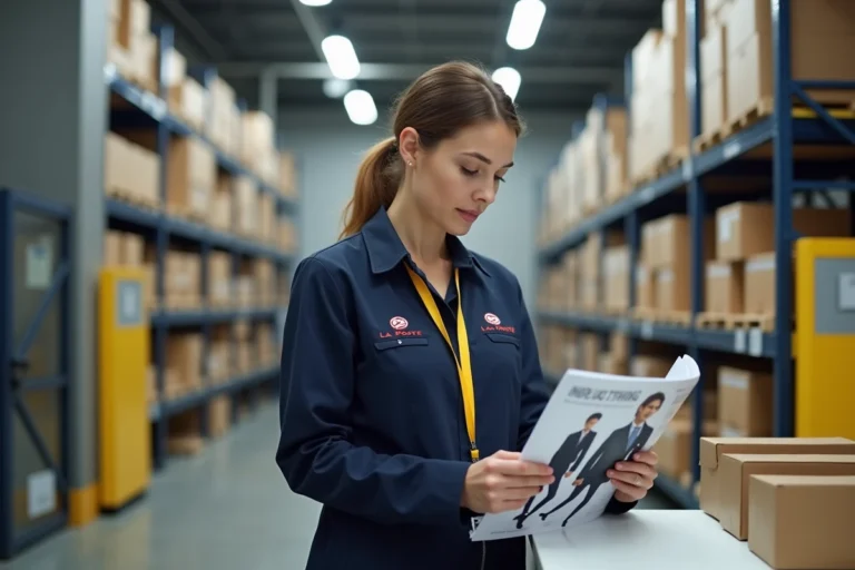 Agente La Poste en uniforme consulant le catalogue habillement 2026 dans un centre de tri postal