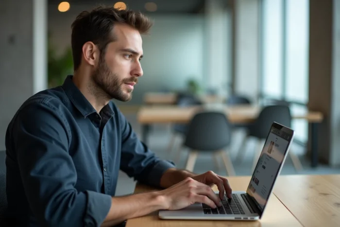 Homme en espace de coworking utilisant un ordinateur portable pour agrandir une image de profil Instagram