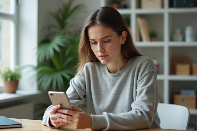 Jeune femme consultant son profil Instagram sur smartphone pour agrandir une photo de profil