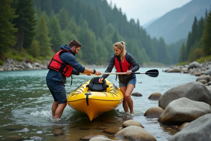 Deux adultes s'aidant mutuellement pour monter dans un kayak gonflable tandem sur une rivière de montagne