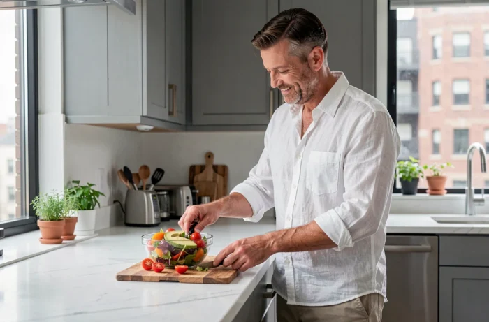 Homme préparant un bol de salade fraîche et colorée dans une cuisine moderne, illustrant une alimentation saine au quotidien