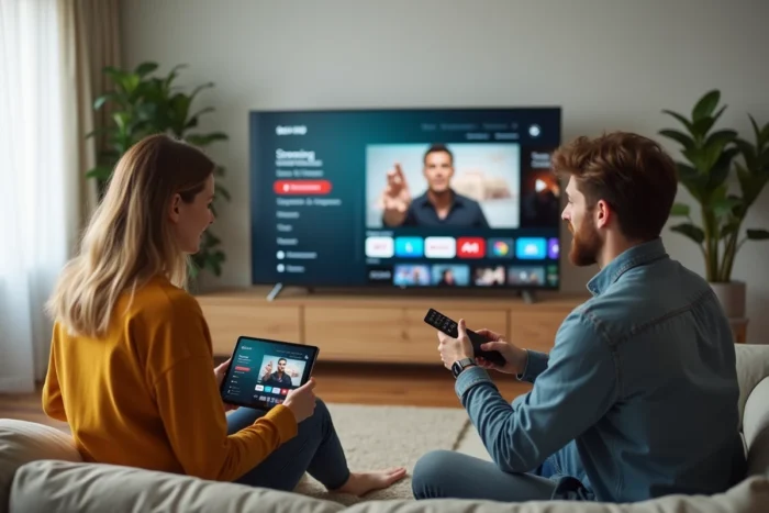Deux amis cherchant une alternative de streaming sur une smart TV et une tablette dans un salon moderne