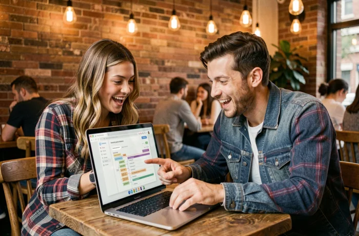 Deux amis explorant ensemble un sitemap de séries et animes en ligne dans un café urbain