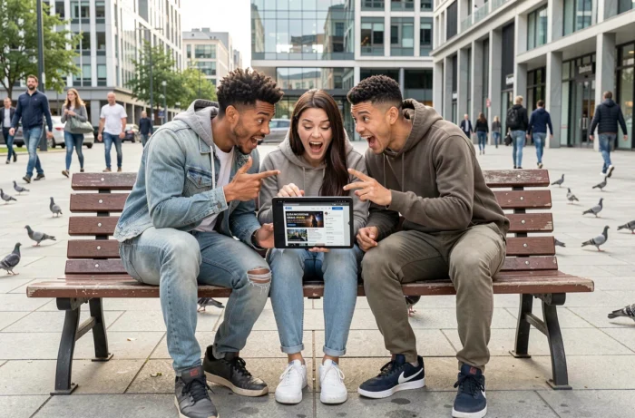 Groupe d'amis réagissant avec surprise à des tendances et actualités insolites sur une tablette en ville