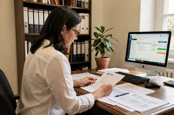 Juriste analysant des annonces de liquidation sur le BODACC dans un bureau juridique français