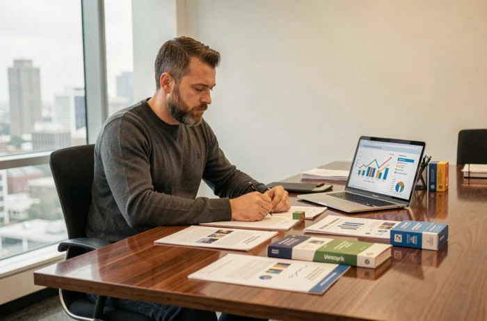 Analyste marketing évaluant des emballages et rapports de marché pour distinguer une vraie innovation d'une simple nouveauté commerciale