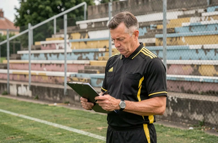 Arbitre de football du district de l'Essonne consultant des documents officiels sur un terrain de football suburban