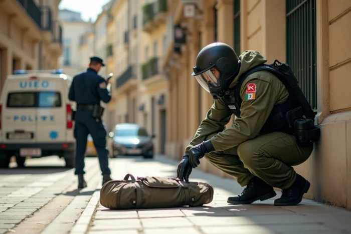 Artificier en tenue de protection intervenant sur un colis suspect abandonné dans une rue de Cannes lors d'une alerte à la bombe