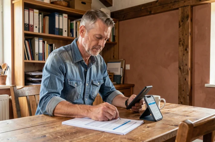 Artisan indépendant remplissant un formulaire de mutuelle santé professionnelle à son domicile