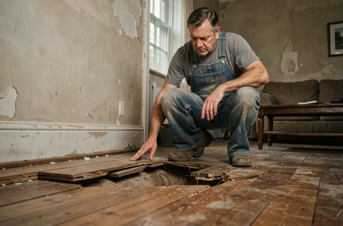 Artisan inspectant un plancher en bois affaissé et déformé dans une maison ancienne