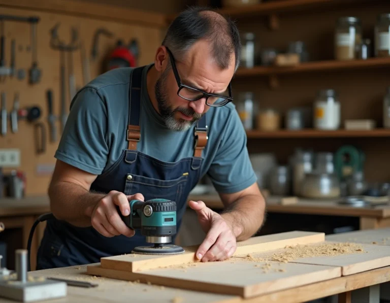 Artisan utilisant un outil multifonction rotatif Dremel pour graver une planche en bois dans un atelier de bricolage maison