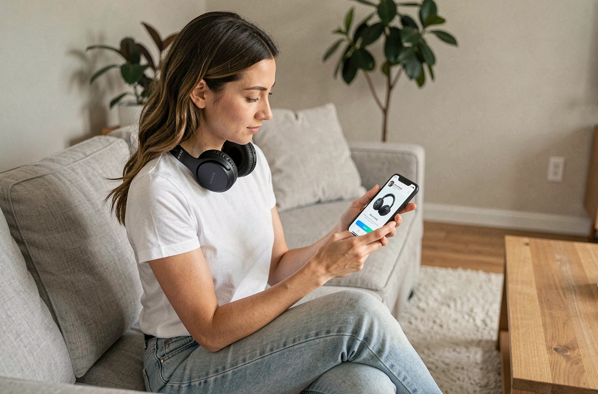 Femme associant un casque Sony WH-CH720N à un smartphone via le menu Bluetooth