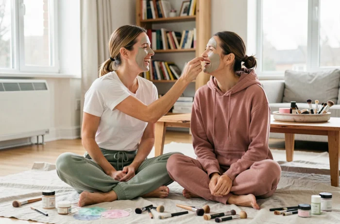 Deux femmes partageant un moment de soin beauté et de complicité entourées de produits cosmétiques dans un appartement lumineux
