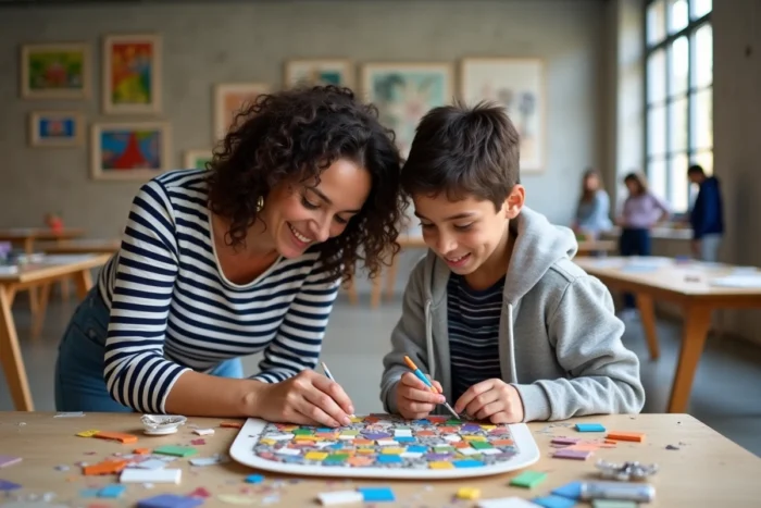 Mère et son adolescent participant à un atelier créatif en famille dans un centre culturel de Puteaux