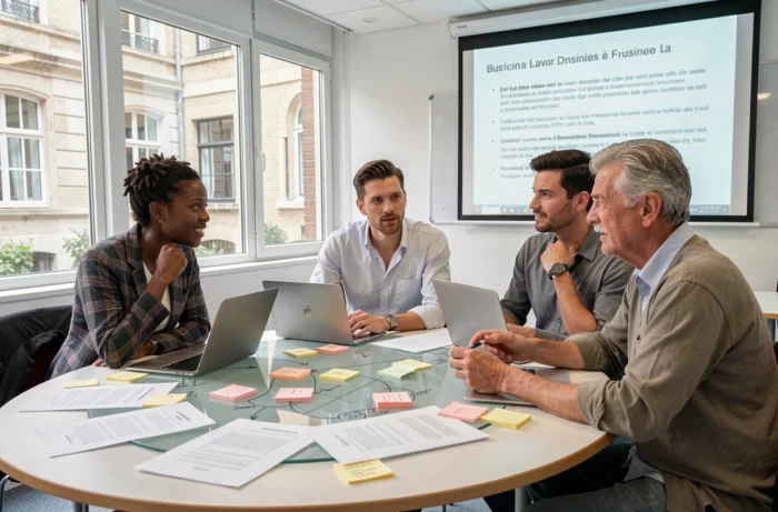Groupe de professionnels en atelier de formation sur la réglementation et la gestion d'entreprise en France