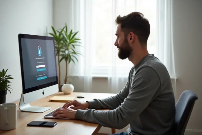 Homme utilisant l'authentification à deux facteurs pour accéder à un espace client sécurisé depuis son bureau à domicile