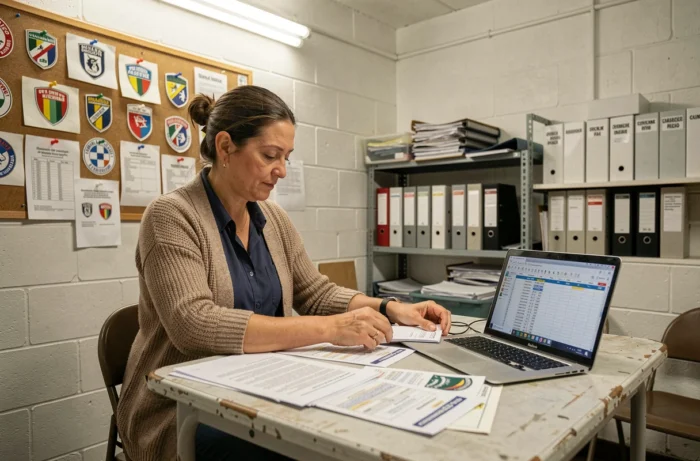Bénévole administrative gérant les documents officiels du district de football de l'Essonne dans un bureau de club