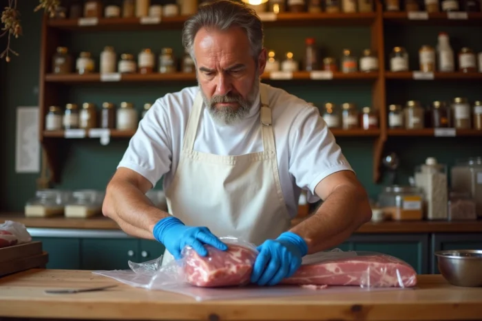 Boucher emballant de la couille de mouton dans du film plastique pour la congélation dans une boucherie traditionnelle