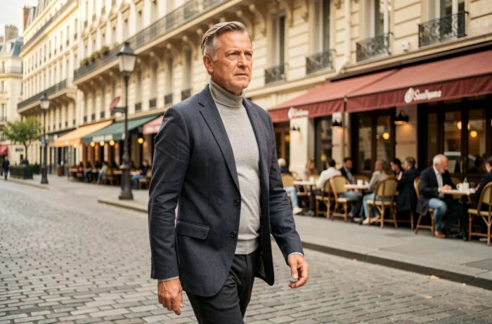 Homme d'affaires élégant marchant sur un boulevard parisien haussmannien, évoquant l'ambition et le rayonnement culturel du parcours de Bruno Pesery