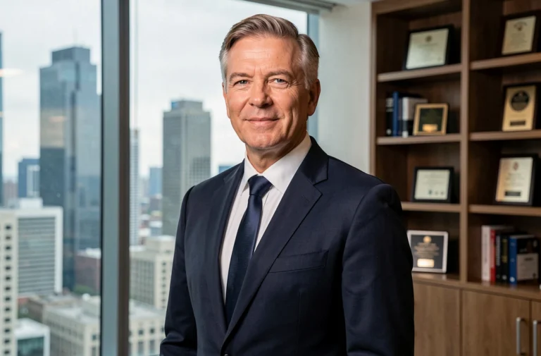 Portrait professionnel d'un dirigeant expérimenté en costume marine dans un bureau moderne avec vue sur la ville, illustrant le parcours inspirant de Bruno Pesery