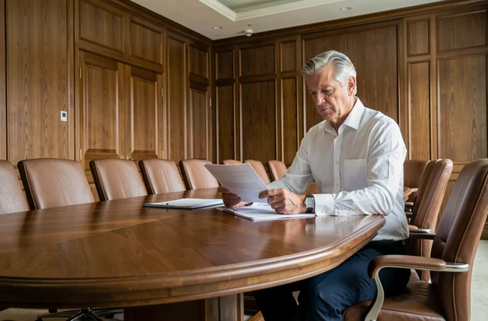 Dirigeant senior concentré en réunion dans une salle de conférence élégante, illustrant le leadership et la carrière marquante de Bruno Pesery