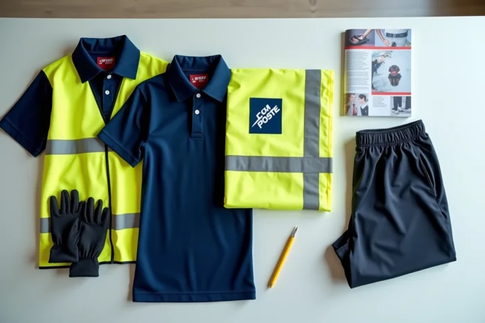 Tenues et équipements du catalogue habillement La Poste 2026 disposés en flat-lay pour les nouveaux agents