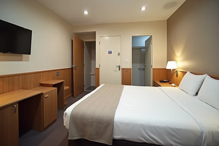 Intérieur fonctionnel d'une chambre de motel avec lit double, bureau compact, télévision et porte donnant directement sur le parking extérieur