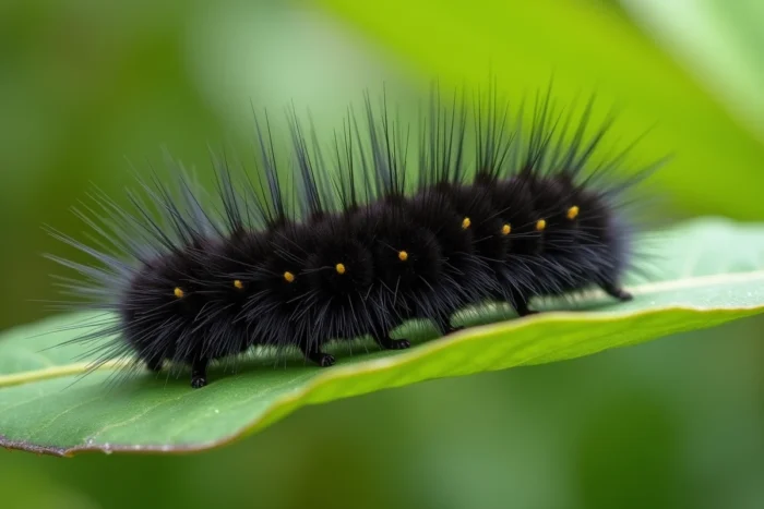 Chenille noire velue reposant sur une feuille verte dans un jardin résidentiel