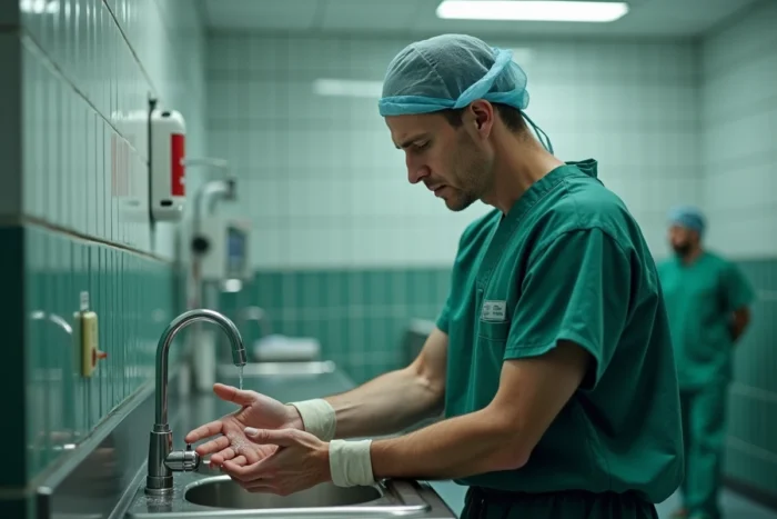 Chirurgien en tenue stérile se lavant les mains avant une opération dans une salle de préparation chirurgicale d'un hôpital