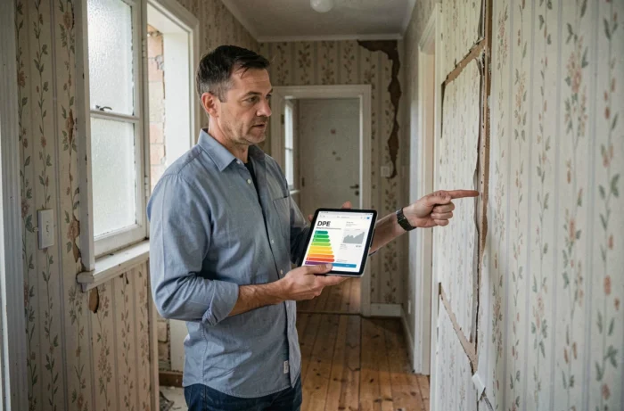 Auditeur énergétique affichant le classement DPE d'un logement ancien lors d'un diagnostic de rénovation
