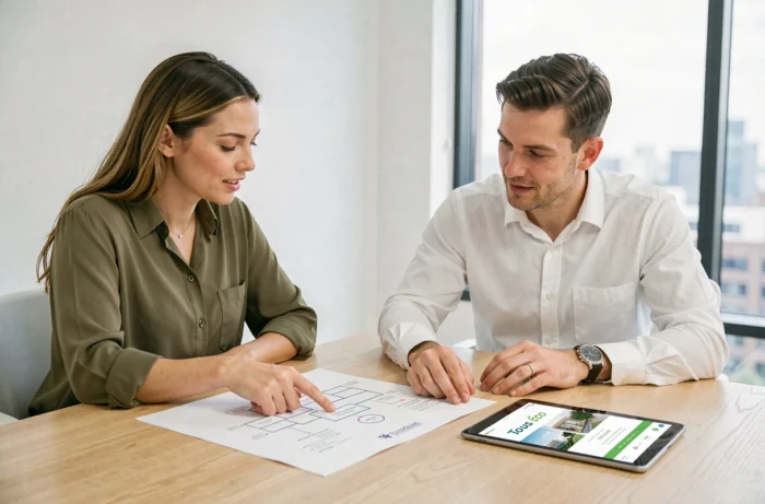 Two colleagues analyzing together the Tous Éco sitemap with a printed document and a digital tablet
