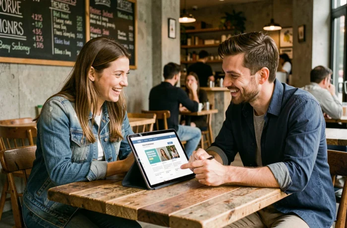 Deux collègues discutant de tendances et d'actualités indépendantes autour d'une tablette dans un café