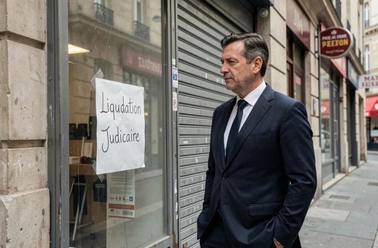 Homme d'affaires devant une vitrine de commerce en liquidation judiciaire à Paris