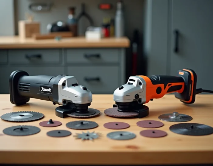 Comparaison côte à côte d'un outil multifonction Dremel et d'un modèle Parkside Lidl avec accessoires sur un établi d'atelier