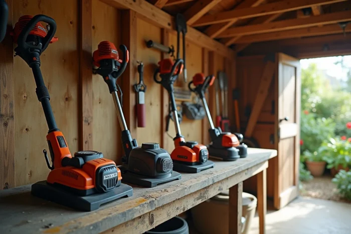 Comparaison de trois modèles de taille-bordure posés sur un établi en bois dans un atelier de jardin — thermique, électrique filaire et sans fil