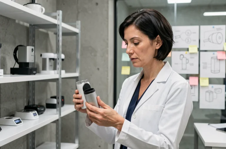 Chercheuse en innovation comparant deux produits similaires dans un laboratoire moderne pour évaluer leur réelle nouveauté