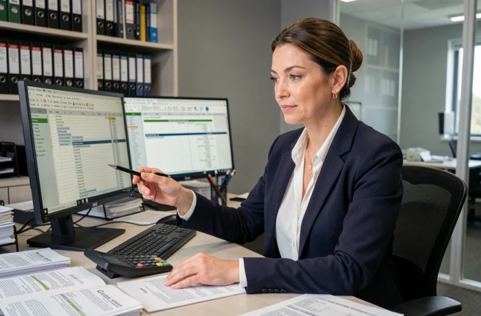 Une comptable professionnelle dans un bureau américain montre du doigt une ligne sur un formulaire de déclaration d'impôts américain entouré de documents fiscaux et d'une calculatrice