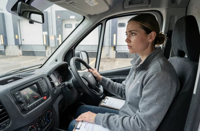 Conductrice Iveco Daily inspectant les voyants du tableau de bord dans la cabine