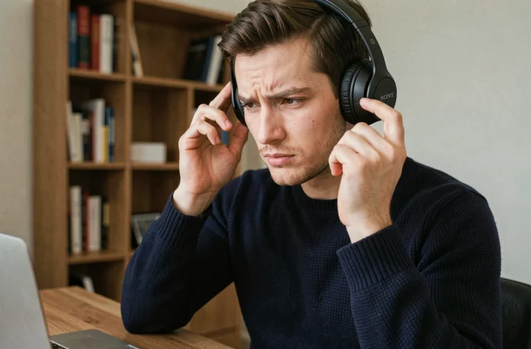 Homme connectant un casque Sony WH-1000XM5 en Bluetooth en appuyant sur le bouton de couplage