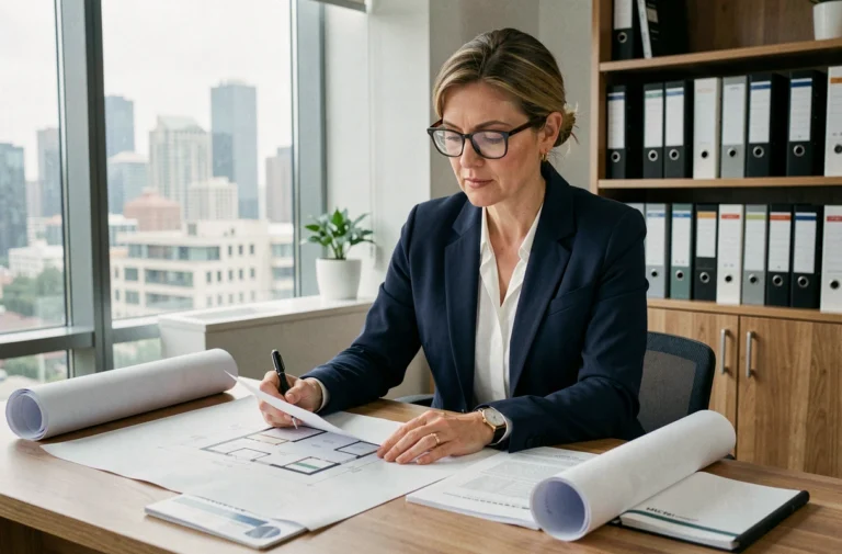 Une professionnelle de l'immobilier analysant des plans et documents financiers dans un bureau moderne pour préparer un investissement immobilier