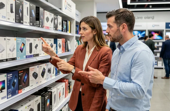 Deux consommateurs comparant des produits électroniques en magasin pour identifier une véritable innovation face à une simple nouveauté