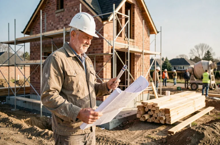 Architecte en casque de chantier consultant des plans devant une maison en construction