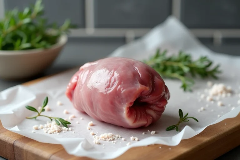 Couille de mouton crue sur papier boucher avec thym et sel, prête à être préparée pour la congélation