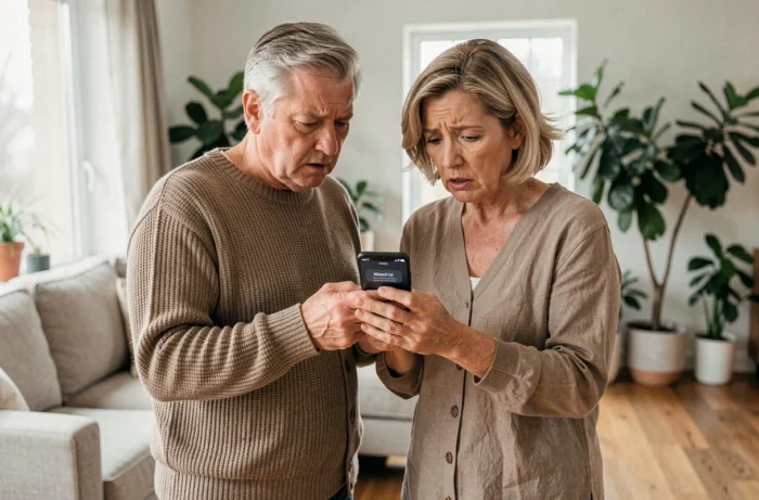 Couple in their fifties examining a missed call from a suspicious number on their smartphone in their living room