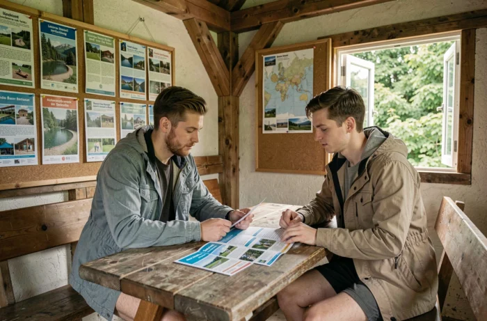 Couple consultant une brochure de tarifs dans le chalet d'accueil de la base de loisirs Le Quesnoy